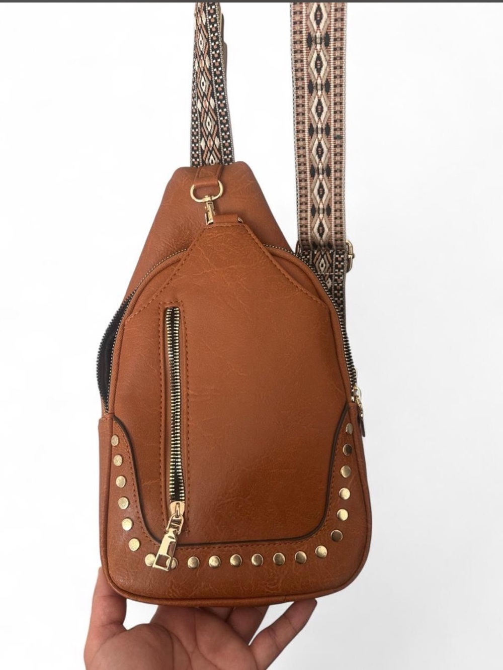 Brown Leatherette Studded Crossbody Sling Bag